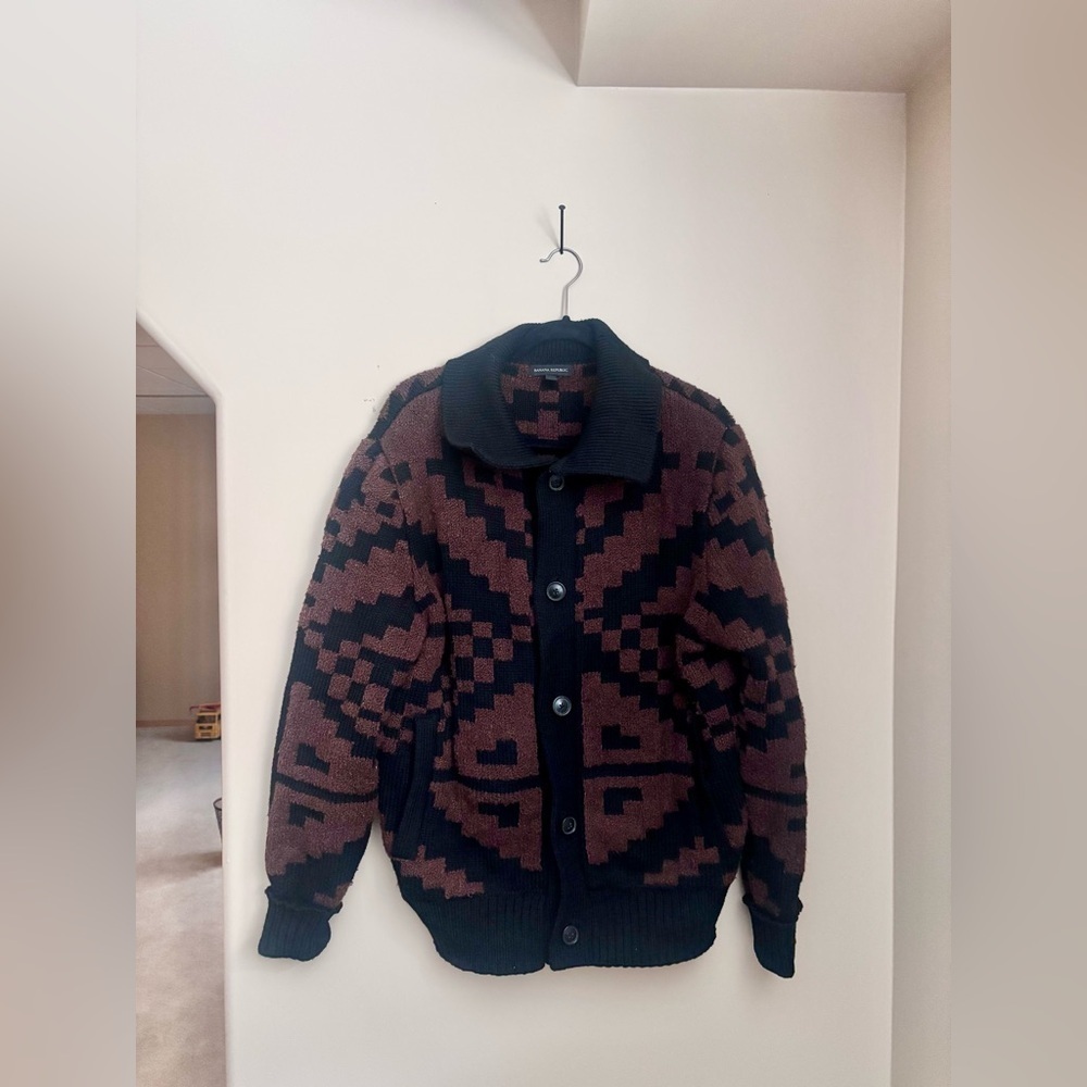 BANANA REPUBLIC | Coronado Jacquard brown cardigan | size large - Picture 4 of 6